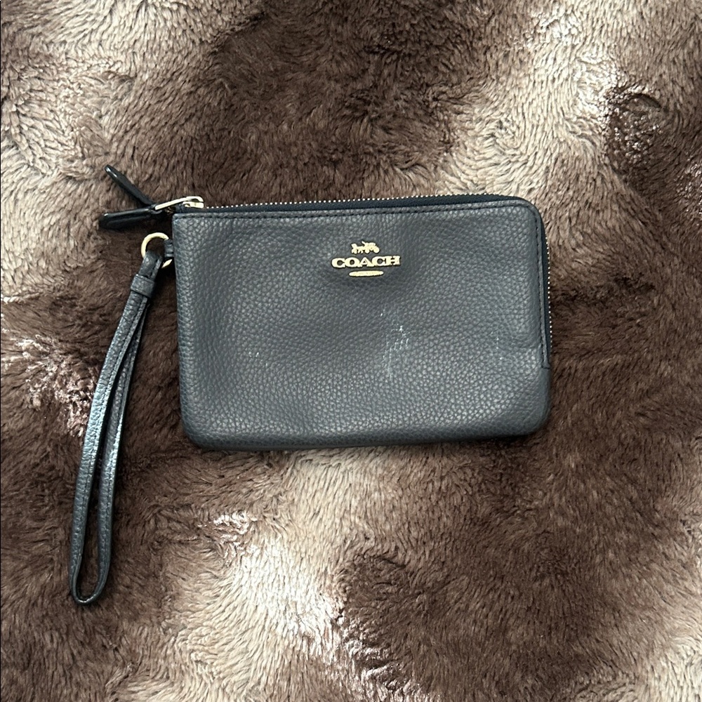 Coach Black Pebbled Leather Wristlet with Gold Logo